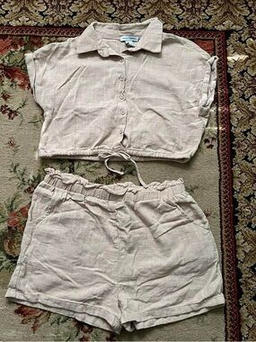 Better Together Light Beige Two-Piece Linen-Look Button Crop Top & Shorts Set